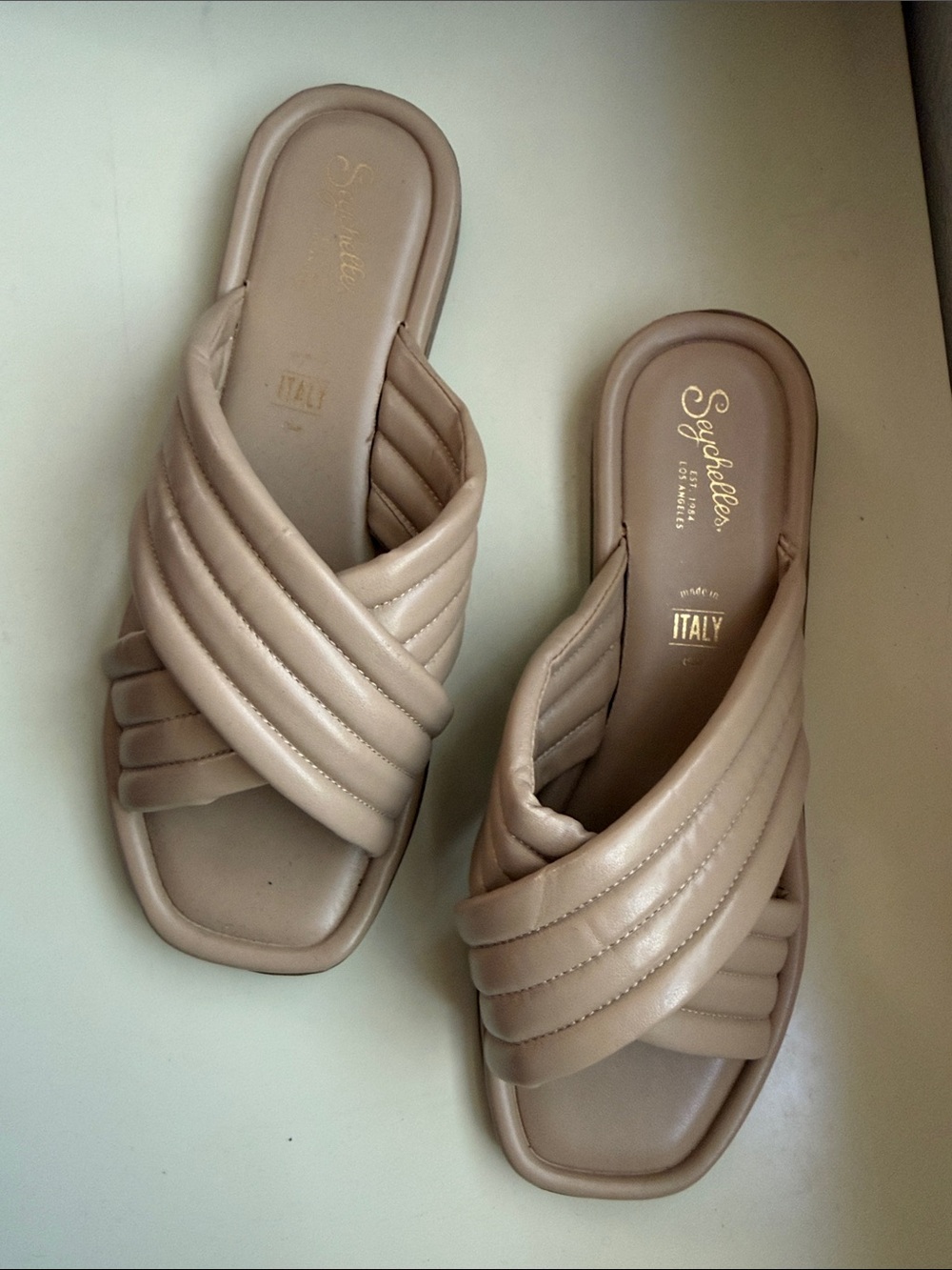 Seychelles Quilted Crossover Slide Sandals in Taupe